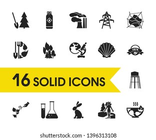 Eco icons set with flasks, water tank and afforestation elements. Set of eco icons and test tubes concept. Editable vector elements for logo app UI design.