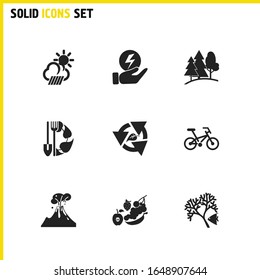 Eco icons set with forest, volcano and recycling elements. Set of eco icons and magma concept. Editable vector elements for logo app UI design.