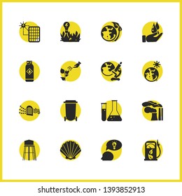 Eco icons set with global warming, flasks and trash can elements. Set of eco icons and mollusk concept. Editable vector elements for logo app UI design.