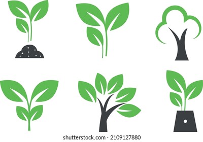 Eco icons set, green tree, plant, ecology, seedlings, leaves, garden, flowers