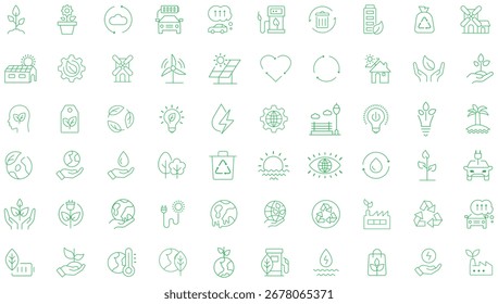 Eco icons set with leaf, recycle, energy, water, planet and nature symbols in clean outline style for apps, websites and user interface use.