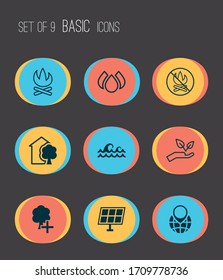 Eco icons set with no bonfire, globe pointer, campfire and other insert woods elements. Isolated vector illustration eco icons.