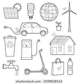 Eco Icons set on a theme Environment. Protect environment, clean alternative energy, fuel, recycle waste. Outline illustration, design elements or page of children's coloring
