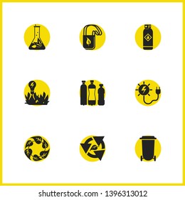 Eco icons set with plastic bottles, gas can and solar energy power elements. Set of eco icons and botanical concept. Editable vector elements for logo app UI design.