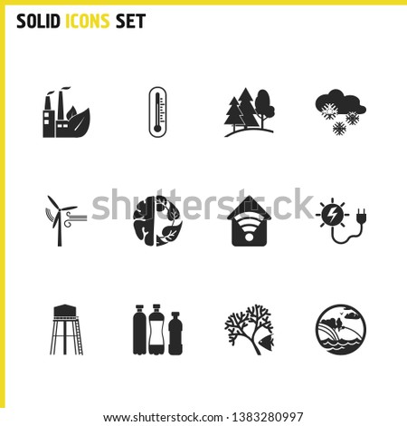 Eco icons set with thermometer, snow and solar energy power elements. Set of eco icons and reservoir concept. Editable vector elements for logo app UI design.