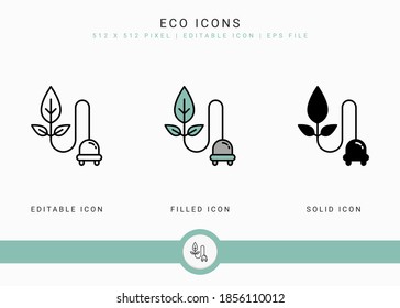 Eco icons set vector illustration with solid icon line style. Eco friendly packaging concept. Editable stroke icon on isolated background for web design, infographic and UI mobile app.
