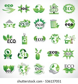 Eco icons set, vector illustration. Collection of green leaves. Different shapes in modern flat and cartoon style. Ecology design elements isolated on gray background