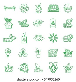 Eco icons set, vector illustration. Collection of green thin line leaves. Different shapes in modern flat and cartoon style. Ecology design elements isolated on white background 