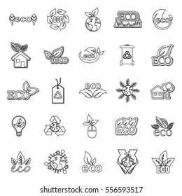 Eco icons set, vector illustration. Collection of black thin line leaves. Different shapes in modern flat and cartoon style. Ecology design elements isolated on white background