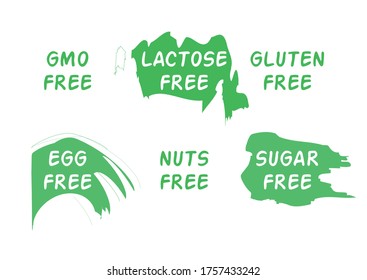 Eco icons. Signs and symbols. Healthy eating Set of icons for allergy sufferers. GMO, nuts, lactose, gluten, sugar, egg free