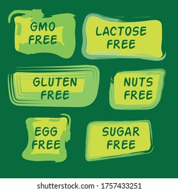 Eco icons. Signs and symbols. Healthy eating Set of icons for allergy sufferers. GMO, nuts, lactose, gluten, sugar, egg free
