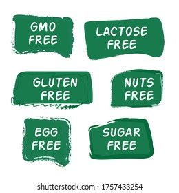 Eco icons. Signs and symbols. Healthy eating Set of icons for allergy sufferers. GMO, nuts, lactose, gluten, sugar, egg free