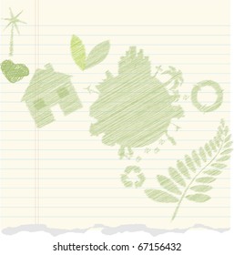 Eco icons sketched on ripped page vector eps 10