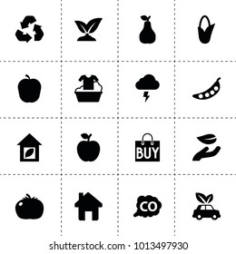 Eco icons. vector collection filled eco icons. includes symbols such as corn, apple, pear, sprouting, leaf in hand, tomato, pea, co gas. use for web, mobile and ui design.