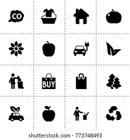Eco icons. vector collection filled eco icons. includes symbols such as apple, flower, tomato, electric car, eco car, co gas, leaf. use for web, mobile and ui design.
