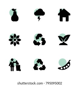 Eco icons. vector collection filled eco icons set.. includes symbols such as pear, sprouting, flower, pea, recycle, woman with garbage. use for web, mobile and ui design.