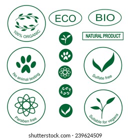 Eco icons. Vector emblems and labels for organic cosmetics.