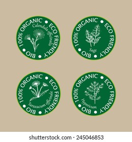 Eco icons. Vector emblems and labels for organic cosmetics.