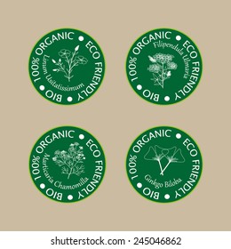 Eco icons. Vector emblems and labels for organic cosmetics.
