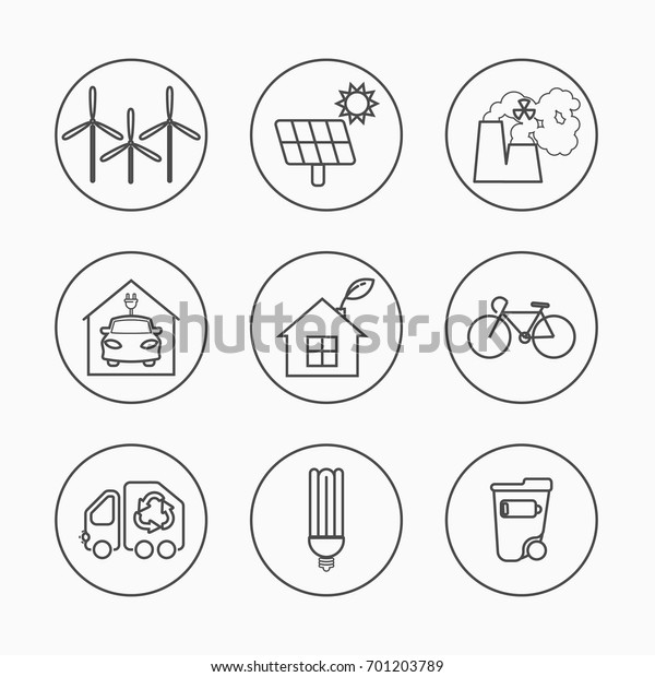 Eco\
icons vector set. Powersave lamp, nuclear plant, wind energy,\
elecrtic car, low energy house and over ecology symbol. Thin line\
ecological signs for infographic, website or\
app.