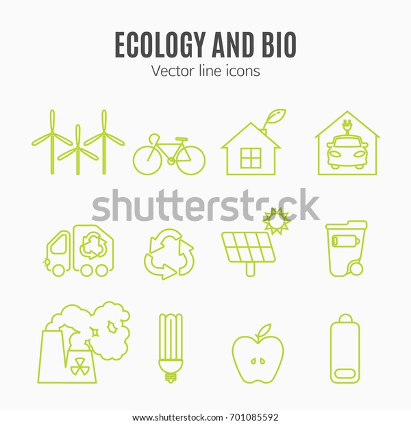 Eco icons vector set. Thin line ecological signs\
for infographic, website or app. Powersave lamp, nuclear plant,\
wind energy, elecrtic car, low energy house and over ecology\
symbol.