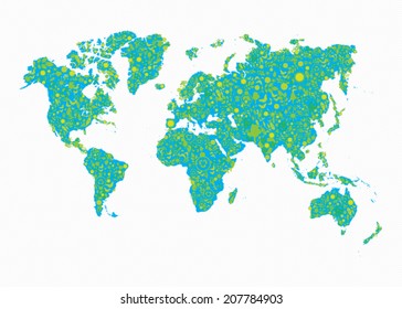 Eco icons in World map shapes.