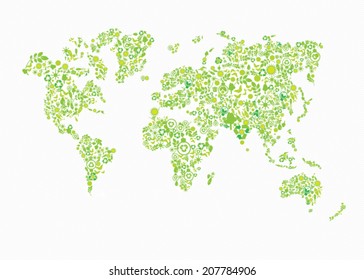 Eco icons in World map shapes.