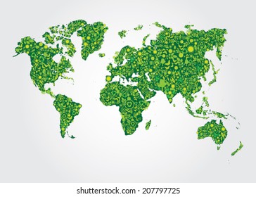 Eco icons in World map shapes.
