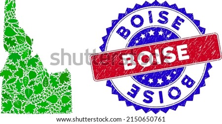 Eco Idaho State map collage of floral leaves in green color tints and grunge bicolor Boise stamp. Red and blue bicolored stamp with unclean style and Boise word.