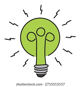 Eco idea light bulb icon in flat hand-drawn style for green innovation and sustainable thinking concepts. Ideal for eco solutions and awareness visuals.