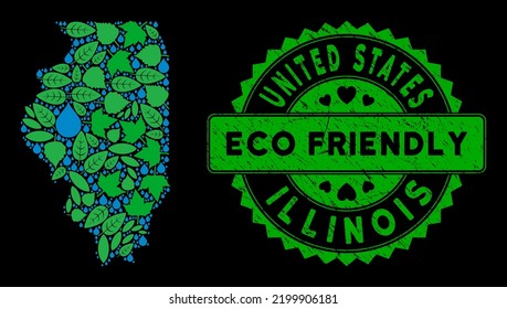 Eco Illinois State map composition of herbal leaves and water dews, and ECO FRIENDLY award medallion. Illinois State map is made from green herbal parts and blue water drops.