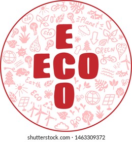Eco illustration elements in circle with handwritten word ECO in the form of cross like. Ecologycal theme signs (recycle, solar panels, green energy). Doodle elements in round frame. Bicolor painting
