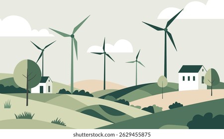 Eco illustration in a flat style. Powerful windmill. Illustration of wind turbines integrated into a rural  landscape. 