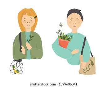 Eco illustration. People girl and boy use ecological bag. Eco-friendly characters. Save the planet. Vector template, flat design, zero waste.