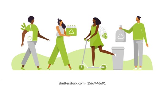 Eco illustration for web. People sorting waste, plastic and use eco bag and eco transport. Eco-friendly characters. Save the planet. Vector template, flat design, white isolated. 