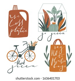Eco illustratons with lettering. Go green, use less plastic. Hand drawn eco life concept with plants, bicycle, bag. Flat vector. Zero waste life slogan, typography. Cute stickers with calligraphy