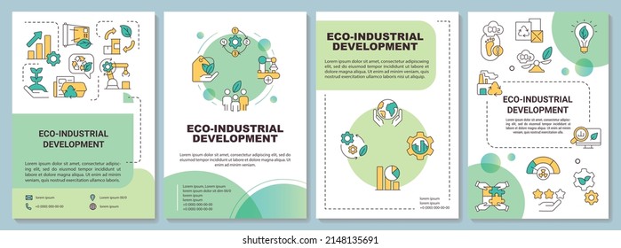 Eco industrial development green brochure template. Sustainable process. Leaflet design with linear icons. 4 vector layouts for presentation, annual reports. Arial-Bold, Myriad Pro-Regular fonts used