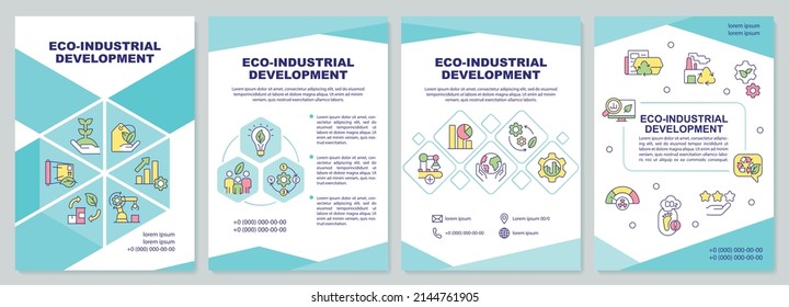 Eco industrial development mint brochure template. Sustainable process. Leaflet design with linear icons. 4 vector layouts for presentation, annual reports. Arial-Black, Myriad Pro-Regular fonts used