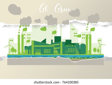 Eco industrial factory in a flat style.Vector and illustration of manufacturing building.Eco style concept.City landscape