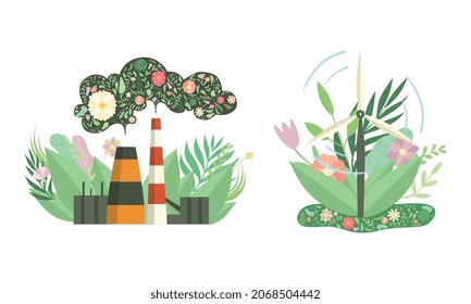 Eco Industrial Plant and Wind Power Generator Among Green Foliage as Environmental and Ecology Protection Vector Set
