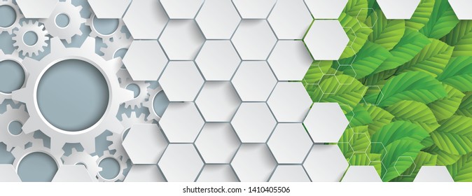 Eco industry banner with gears, green leaves and hexagons on the gray background. Eps 10 vector file.