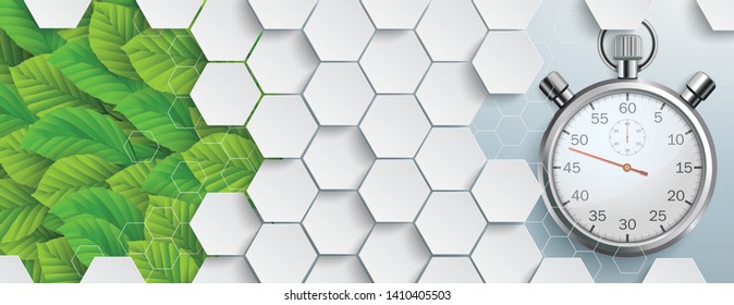 Eco industry banner with stopwatch, green leaves and hexagons on the gray background. Eps 10 vector file.