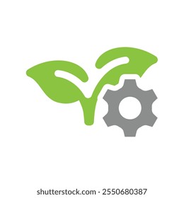 Eco industry with leaf and gear. Environmental friendly technology vector icon.