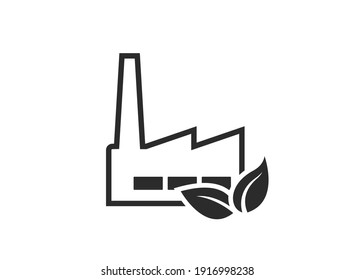 Eco Industry Line Icon. Eco Friendly And Sustainable Production Symbol. Factory And Leaves Isolated Vector Image In Flat Style