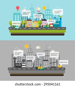 Eco infographics elements, vector illustration comparing green city ecosystem and pollution landscape. Web banners with ecology concepts. 