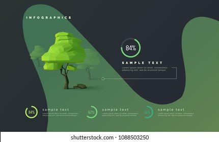 Eco infographics with low poly trees. Diagrams, percentages, progress bar. 3D tree. Web infographics, banner, presentation. Forest, ecology. Modern vector illustration, abstract background.