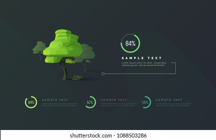 Infografía ecológica con árboles de polos bajos. Diagramas, porcentajes, barra de progreso. Árbol 3D. infografías web, banner, presentación. Bosque, ecología. Ilustración vectorial moderna, fondo abstracto.