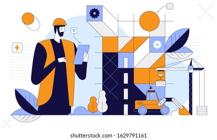 Eco infrastructure flat vector illustration. Engineers in helmets developing environmental project. Clean sustainable energy supply. Builders cartoon characters on white background