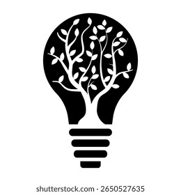 Eco Innovation Tree Inside Light Bulb Black and White Vector Illustration. A classic light bulb shape is filled with a thriving tree whose branches and leaves extend gracefully upward.