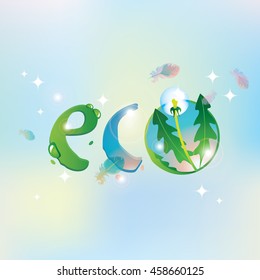 eco inscription on the background of the sky with feathers of birds and dandelion